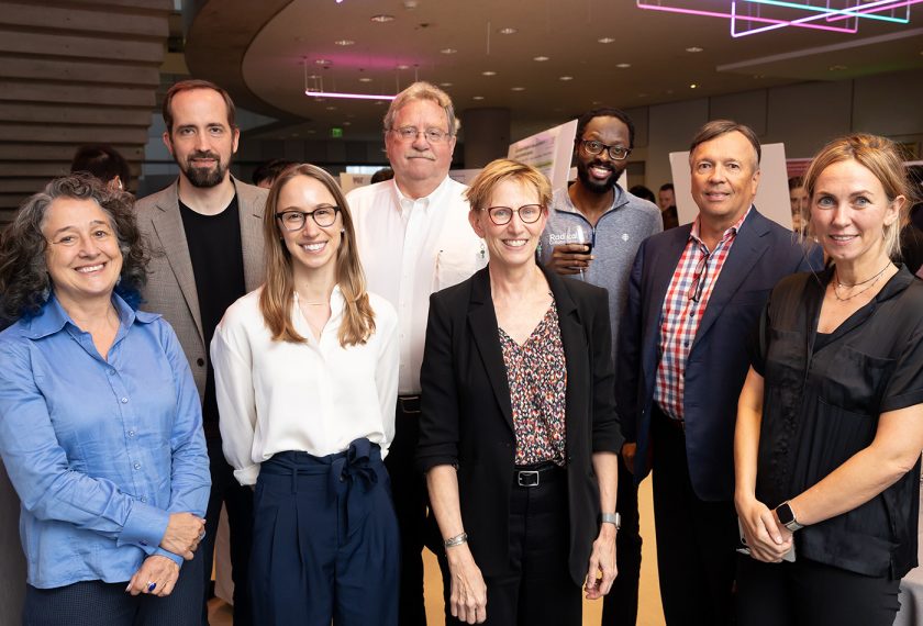 From Right: Katharina Ribbeck, Frank Laukien, Laura Kiessling, Jessica Stark, Barbara Imperiali, Matt Shoulders, Richard Cummings, and Tobi Oni smile in a group shot.